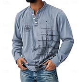 preiswerte Vintage&amp;amp;Retro-Herren Nautisch Segelboot Henley Hemd T-Shirt Langarm Täglich Retro Vintage Lässig Lässig Ferien Ausgehen Frühling Frühling &amp; Herbst Ganzjahres Grau Hellblau Purpur Khaki Henley Henley T-Shirt