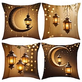 baratos Jogue travesseiros, inserções e capas-Capa de almofada decorativa para o Ramadã e Eid, lua crescente dourada &amp;Almofada de sofá em estilo étnico com estampa de lanternas, decoração para festivais do Oriente Médio, ideal para sala de estar