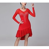 cheap Competition Dress-Women's Black Rhinestone Latin Dance Dress - Long Sleeve Mesh Ruffled Asymmetrical Ballroom Performance Dress