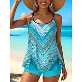 Χαμηλού Κόστους Τανκίνι-Γυναικείο Τανκίνι 2 Κομμάτια Μαγιό Σορτσάκι Έλεγχος Κοιλιάς Ψηλόμεσο Λεπτό Χωρίς Πλάτη Θέρετρο Παραλίας Ombre Λουλούδια U Λαιμός Αμάνικο Μαγιό