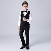 abordables Costumes et Tenues de Porteur d'Anneau-Costume de garçon d'honneur 4 pièces avec gilet &amp; chemise  &amp;Pantalon garçon, costume habillé décontracté, tenue de soirée tendance pour les fêtes en extérieur, basique et élégant, couleur unie bleu,