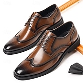 Χαμηλού Κόστους Μπρογκ παπούτσια-Ανδρικά καφέ παπούτσια brogue από συνθετικό δέρμα, κλασικό σχέδιο με φτερά, επίσημα και casual υποδήματα για γραφείο και ειδικές περιστάσεις
