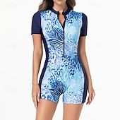 preiswerte One Pieces Rash Guards-Damen Anti UV Shirt Badeanzug Einteilige Patchwork Tropisch Leoprint Reißverschluss Spandex UV Schutz Hohe Elastizität Kurzarm Bademode Surfen Tauchen Schnorcheln Sommer