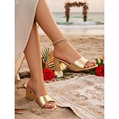 abordables Mujeres-Elegantes mules blancos de tacón cuadrado para mujer: zapatos de vestir cómodos con tacón grueso para invitadas a bodas en la playa y fiestas de verano junto al mar.