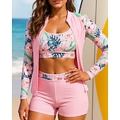 economico Rash Guards Interi-Per donna Top sottomuta Costume da bagno con stampa floreale 3 pezzi Color-blocking Protezione UV Manica Lunga Costume da Bagno Surf Snorkeling Nuoto Estate