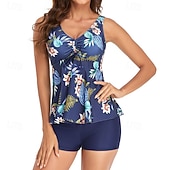Χαμηλού Κόστους Surfing Tankinis και Bikinis-Γυναικεία Μαγιό Τανκίνι Δύο Κομμάτι Μαγιό Φλοράλ Τροπικό Έλεγχος κοιλιάς Ελαστικό Αμάνικο Μαγιό Σέρφινγκ Παραλία Διακοπές Καλοκαίρι