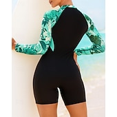 お買い得  ワンピースラッシュガード-女性用 ラッシュガード 水着 ワンピース プリント ジッパーを閉める UVプロテクション 弾性ある 長袖 スイムウェア サーフィン ビーチ 水泳 夏