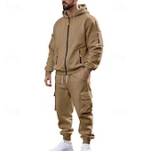 baratos Basic Tracksuits-Men's Hoodie Tracksuit Hoodie &amp; Pants Set Hoodie Daily Outdoor Vacation Daily Wear Drawstring Zip Up Plain Black Navy Blue Khaki Activewear Sports Fashion Fall