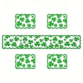 cheap St. Patrick's Day-5PCS St. Patrick's Day Table Placemats &amp; Table Runner Set, Green Shamrock Lace Embroidery, Feather-Free, No Power Needed, Multi-Holiday Decor