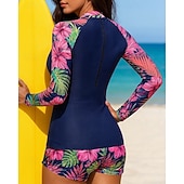 Χαμηλού Κόστους Rash Guards One Pieces-Γυναικεία Προστατευτικά Μαγιό με φλοράλ print Μαγιό Τροπικό Ρυτιδωμένη πλευρά Προστασία UV Ελαστικό Μακρυμάνικο Μαγιό Σέρφινγκ Παραλία Κολύμβηση Καλοκαίρι