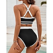 levne Sady bikin-Dámské bikini dvoudílné plavky barevné bloky slipové štíhlé bez zad dovolená plážové oblečení pruhovaný halterneck bez rukávů