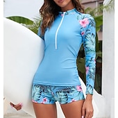 preiswerte One Pieces Rash Guards-Damen Anti UV Shirt Badeanzug mit Blumenmuster Badeanzug Bedruckt Reißverschluss Boyleg Ultraleicht (UL) UV Schutz Elastisch Langarm Bademode Surfen Schnorcheln Frühling