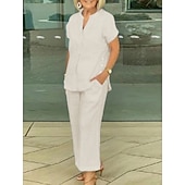 preiswerte Wesentliche Faux Co-ord Sets-Damen Kunstbaumwollleinen Kurzarm V Ausschnitt Einfach Mode Streetwear Täglich Lässig Täglich Blau Marineblau Purpur Sommer Normale Passform