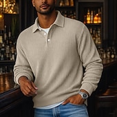 baratos Polo Clássico Masculino-Homens Camiseta de Veludo Textura Casual Esportes Lapela Manga Longa Moda Básico Bloco de cor Botões Estriado Outono Primavera &amp; Outono Outono &amp; inverno Normal Preto Azul Marinha cáqui Cinzento Azul