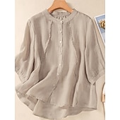 Χαμηλού Κόστους Βασικά Ψεύτικα Πουκάμισα-Γυναικεία Μπλούζα Λινό από ψεύτικο βαμβάκι Κεντητό Κουμπιά Φλοράλ Στυλάτο Καθημερινό 3/4 Μήκος Μανικιού Μανδαρίνο Κολλάρο Κανονικά μπλουζάκια Καθημερινά Ανθισμένο Ροζ Βυσσινί Πορτοκαλί Χακί