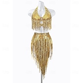 preiswerte Turnierkleid-Damen-Set mit goldenen Pailletten und Fransen für lateinamerikanische Tänze – Neckholder-Crop-Top &amp;asymmetrisches Rock-Ballsaal-Auftrittskostüm