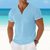 billige Bomull Lin T-skjorter-Herre Henly-skjorte T-skjorte Kortermet Kort Erme V-hals Henley Sommer عادي Mote Designer Grunnleggende Ren Avslappet Feriereise Gate Lyseblå Hvit Navyblå Topp T-skjorte for menn