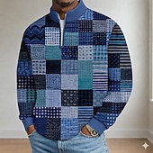 billige Geometrisk polo for menn-Herre Fargeblokk Geometrisk Poloskjorter Langermet Opprett krage Fritid Feriereise treningsklær Fritid / hverdag Lapper 3D-utskrift Vår Høst Blå 1 blå 3# blå 2#