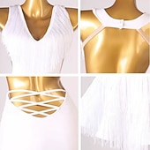 levne soutěžní šaty-Elegantní černé šaty s třásněmi na latinskoamerické tance pro ženy - kostým s výstřihem do V a bez rukávů na společenský sál, salsu a tango