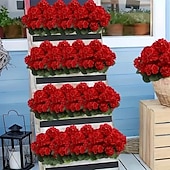 levne Umělé květiny-6 větví, kytice z umělých pelargónií odolných proti UV záření, 30 stonků/větví, zářivě červené květy s bujným zeleným olistěním, realistická plastová dekorace do interiéru/venkovního prostředí,