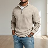 Недорогие Вафельная трикотажная футболка-Муж. Вафельный тройник Футболка Футболка с четвертью молнией Длинный рукав Воротник-стойка Осень Зима Весна &amp; осень Сплошной цвет Клетчатый Вязаная одежда Повседневные На каждый день Застегнуться