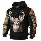 preiswerte Jagdhoodies-Herren Hirsch Kapuzensweatshirt Pullover Ethnisch Vintage-Retro Jagd Langarm Rundhalsausschnitt Outdoor Streetwear Schwarz Kordelzug Herbst Winter Designer S M L XL XXL XXXL