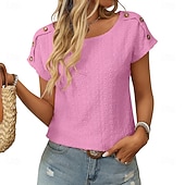 economico T-shirt semplice-Per donna Maglietta T-shirt con ricamo a occhielli Patchwork Traforato Bottoni Classico Casual Manica Corta Manica a pipistrello Girocollo Top Regolari Quotidiano Weekend Nero Bianco Verde chiaro