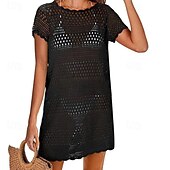 preiswerte Strandkleider-Damen Badeanzug Überwurf Bademode Ausschnitt Gehäkelt Urlaub Strandbekleidung Einfach Rundhals Kurze Ärmel Badeanzüge