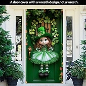cheap Holiday Tapestries-St. Patrick's Day 2D Flat Print Door Cover, Leprechaun Girl with Clover Wreath Design, Festive Entrance Decor for St. Patrick's Day Celebration.