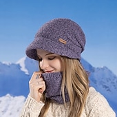 abordables chauffage et refroidissement-Ensemble bonnet et cache-cou en maille pour femme, bonnet thermique doublé polaire avec visière et protection des oreilles, ensemble bonnet et écharpe chauds en maille pour les voyages de ski et