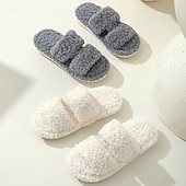 お買い得  ホームスリッパ-女性用ふわふわコットンスリッパ、室内用、ダブルストライプ、オープントゥ、ソフトファー、ハウススリッパ、心地よく暖かい履物