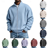 preiswerte Einfache Sweatshirts-Herren Sweatshirt Waffel-Sweatshirt Pullover Kapuzensweatshirt Pullover Sweatshirt mit durchgehendem Reißverschluss Aprikose Schwarz Weiß Hellgrün Armeegrün Stehkragen Einfach Strukturiert Lässig