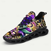 cheap Men's Shoes-Men's Mardi Gras Purple and Green Carnival Slip-On Shoes with Feather Mask Pattern – Comfortable and Stylish Footwear for Carnival, Parades and Festivals