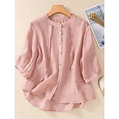 Χαμηλού Κόστους Βασικά Ψεύτικα Πουκάμισα-Γυναικεία Μπλούζα Λινό από ψεύτικο βαμβάκι Κεντητό Κουμπιά Φλοράλ Στυλάτο Καθημερινό 3/4 Μήκος Μανικιού Μανδαρίνο Κολλάρο Κανονικά μπλουζάκια Καθημερινά Ανθισμένο Ροζ Βυσσινί Πορτοκαλί Χακί