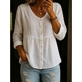 abordables Camisas-Blusa de Algodón y Lino para Mujeres Botones Color Sólido Elegante Casual Manga Larga Cuello en V Tops Regulares Diario Blanco Amarillo Rosa Verde Verano Primavera Otoño