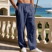 cheap Holiday-Men's Linen Pants Trousers Summer Pants Baggy Pants Beach Pants Drawstring Elastic Waist Solid Color Comfort Breathable Daily Outdoor Beach Vacation Fashion Light Khaki Black Inelastic