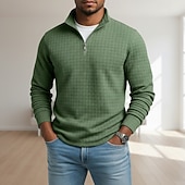 Недорогие Вафельная трикотажная футболка-Муж. Вафельный тройник Футболка Футболка с четвертью молнией Длинный рукав Воротник-стойка Осень Зима Весна &amp; осень Сплошной цвет Клетчатый Вязаная одежда Повседневные На каждый день Застегнуться