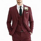 preiswerte Hochzeitsanzüge-Herren Trauzeugen Anzüge Strandhochzeit Frühlingshochzeit Schwarz Burgunderrot Frühling &amp; Sommer Anzug Gekerbtes Revers Party Geschäftlich Einfarbig Schmale Passform 3-teilig Einreihige
