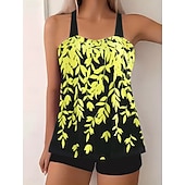 abordables Tankinis-Maillot de bain Tankini femme 2 pièces Shorts Contrôle du ventre Taille haute Slim Dos nu Vacances Plage Vêtements Feuilles V Cou Sans Manches