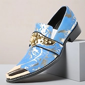 abordables Mocasines de cuero de primera calidad-Mocasines de piel patentada azul y dorada para hombre, elegantes detalles de hebilla, zapatos de vestir para negocios y eventos.
