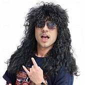 voordelige Historische pruiken-Herenpruik uit de jaren 80, lange zwarte krullende mulletpruik, herenkostuum, heavy metal rocker voor verkleedfeestjes en cosplay.