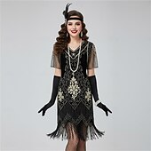 halpa 1920-luvun mekot-Setti Möly 20s 1920-luku Mekko Coctail-asu lisävarusteiden kanssa Suuri Gatsby Flapper tyttö Paljetti Tupsu Tupsuhapsut Paljetti Naamiaispuku Naisten Naamiaisasut Uusi vuosi salakapakka