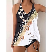 ieftine Tankinis-Costum de baie pentru femei tankini 2 piese cu slipuri cu control al burticii talie înaltă cu spatele gol pentru vacanțe la plajă cu gradient cu fluturi cu guler V fără mâneci