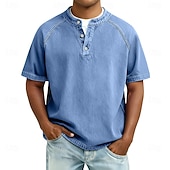 Χαμηλού Κόστους βασικά μπλουζάκια-Ανδρικά Μπλουζάκι Πουκάμισο Henley Πουκάμισο 100% Cotton Acid Wash Μπλουζάκι μπλουζάκι Κοντομάνικο Σκέτο Βίντατζ Κομψό στυλ street Καθημερινό Πλυμένο Μανίκια Ρεγκλάν Όρθιος Γιακάς Χένλι Causal