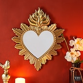 preiswerte Wandskulpturen-Wanddekor-Spiegel mit flammendem Herzmotiv, handgefertigter Hängeschmuck in Form eines flammenden Herzens, Wandkunst im europäischen Stil für Wohnzimmer, Schlafzimmer, Arbeitszimmer, religiöse