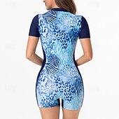preiswerte One Pieces Rash Guards-Damen Anti UV Shirt Badeanzug Einteilige Patchwork Tropisch Leoprint Reißverschluss Spandex UV Schutz Hohe Elastizität Kurzarm Bademode Surfen Tauchen Schnorcheln Sommer