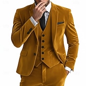  Men's Wedding Party Velvet Suits Peaked Lapel Yellow Burgundy Formal Solid Colored Tailored Fit 3 Piece Single Breasted One-button
