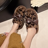 billige Hjem Tøfler-Varme bomullstøfler med tykk såle og sløyfe, plysjtøfler med lukket tå for kvinner, innendørs og utendørs, pelskledde slip-on-sko med ekstra fleece