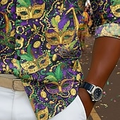 זול דפוס אתני-קרנבל בגדי ריקוד גברים גראפי מסכה עם נוצות חולצה חולצה עם כפתורים חולצת חוף שרוול ארוך הוואי יום יומי נוח חופשה חגים מארדי גרא קיץ אביב צווארון מתקפל מדפיס סגול