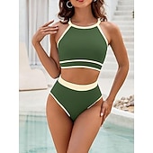 levne Sady bikin-Dámské bikini dvoudílné plavky barevné bloky slipové štíhlé bez zad dovolená plážové oblečení pruhovaný halterneck bez rukávů